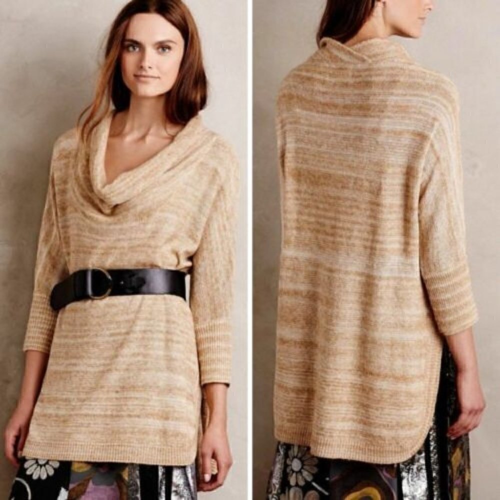 Anthropologie field flower tan knit cowl neck tunic sweater size S